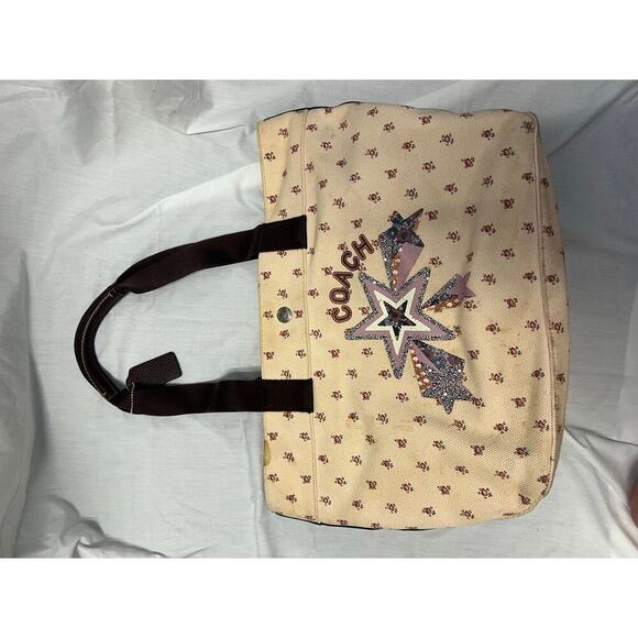 Coach Canvas Stars Floral Tan Shoulder Tote Bag GS - Picture 3 of 13